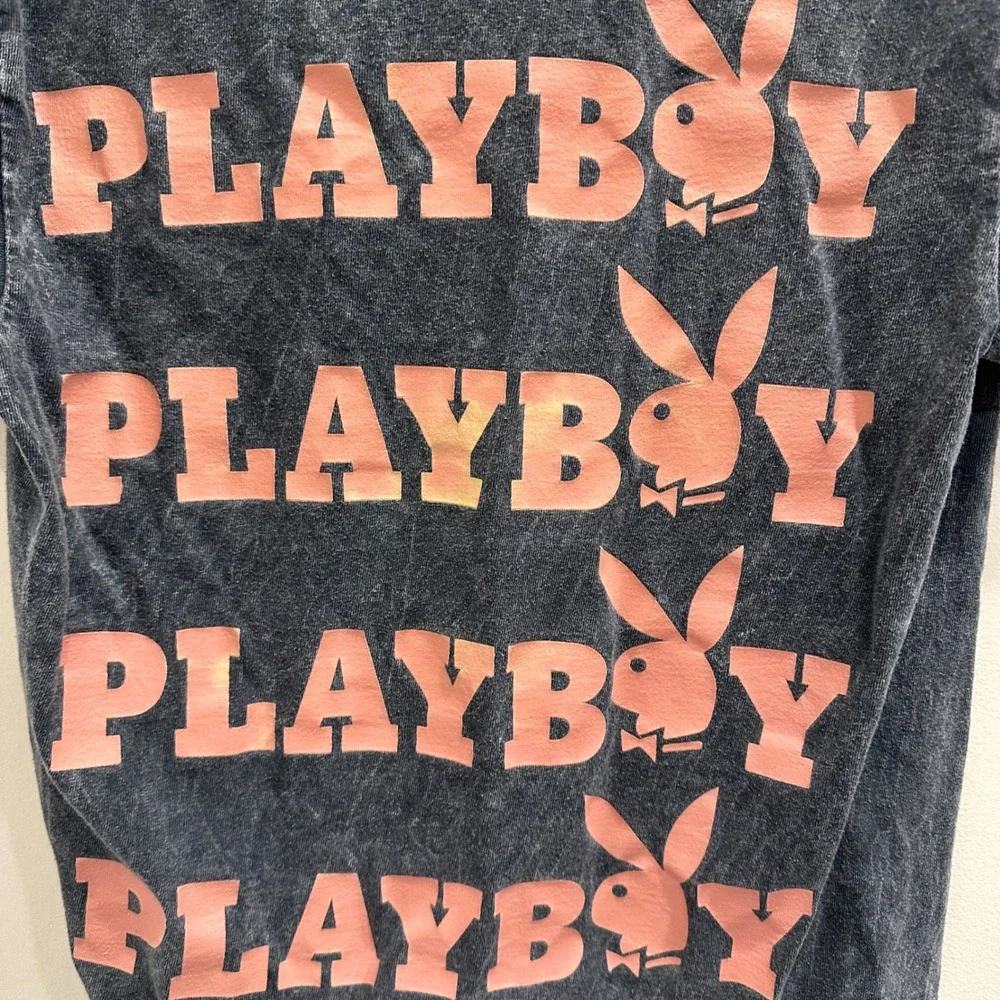 Playboy Acid Wash Graphic T-Shirt Gray Pink Bunny Logo Short Sleeve Small Grunge - Picture 4 of 7